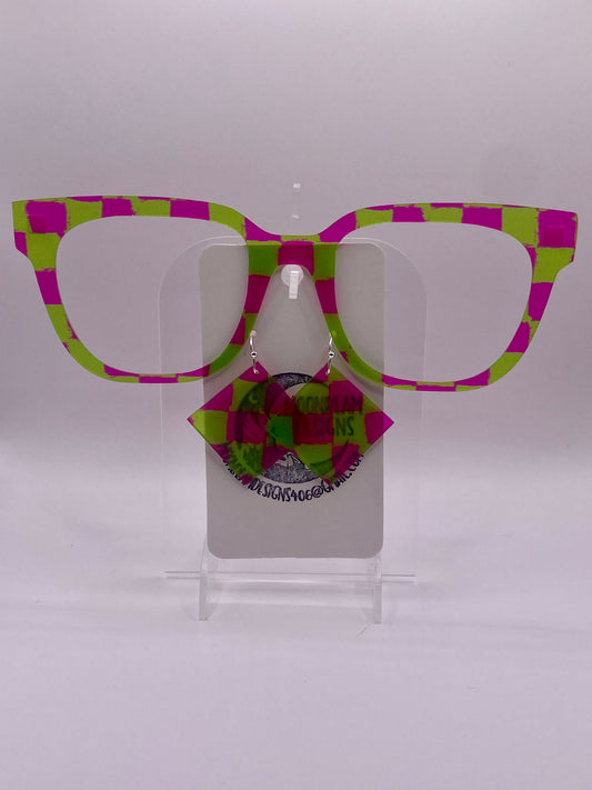 Neon green & pink checkerboard topper with earrings