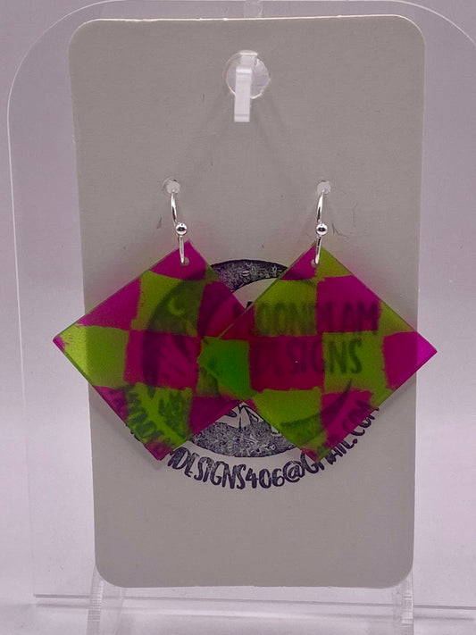 Neon green & pink checkerboard earrings